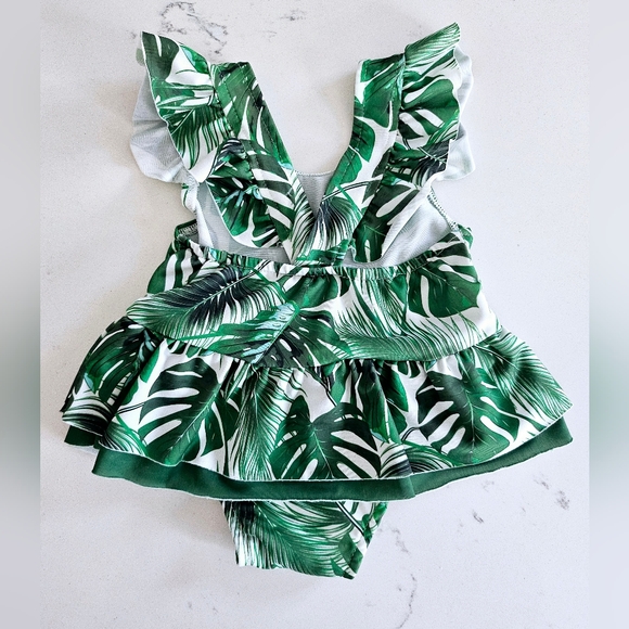 Tropical Print Montesera Print Ruffle Baby One Piece Swim Suit - Picture 2 of 11